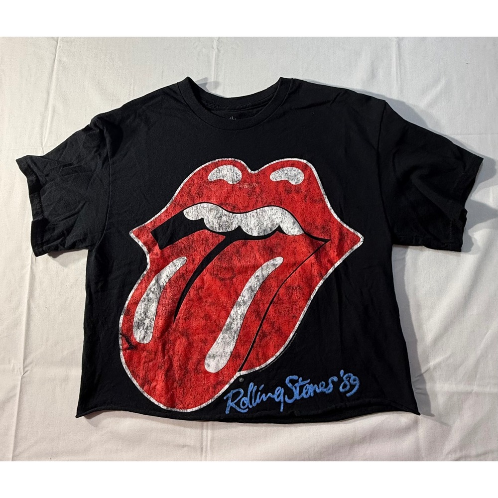 Rolling Stones 89 Graphic Crop Top T-Shirt Black Cotton Womens Medium Distressed